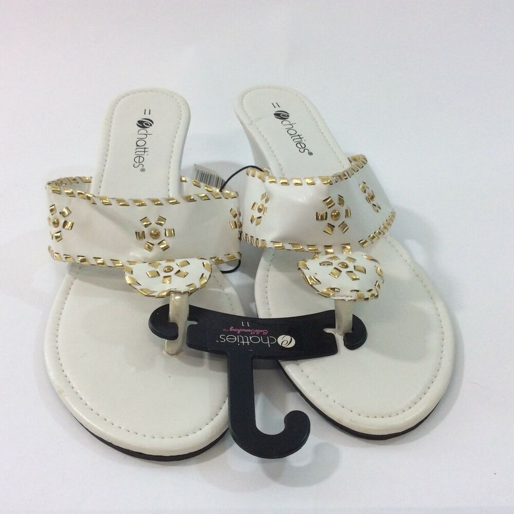 Chatties 11 White Sandals Wedge Gold Accents